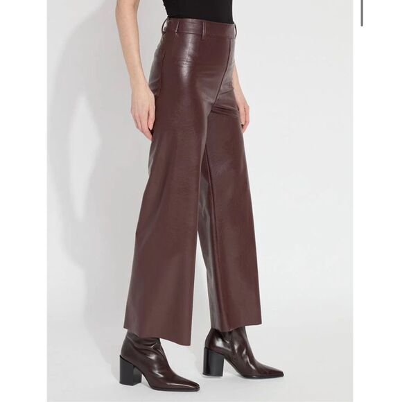 LYSSE NEW YORK $148 Vegan Leather Wide Leg pants deep burgundy large petite NWT - Picture 3 of 6